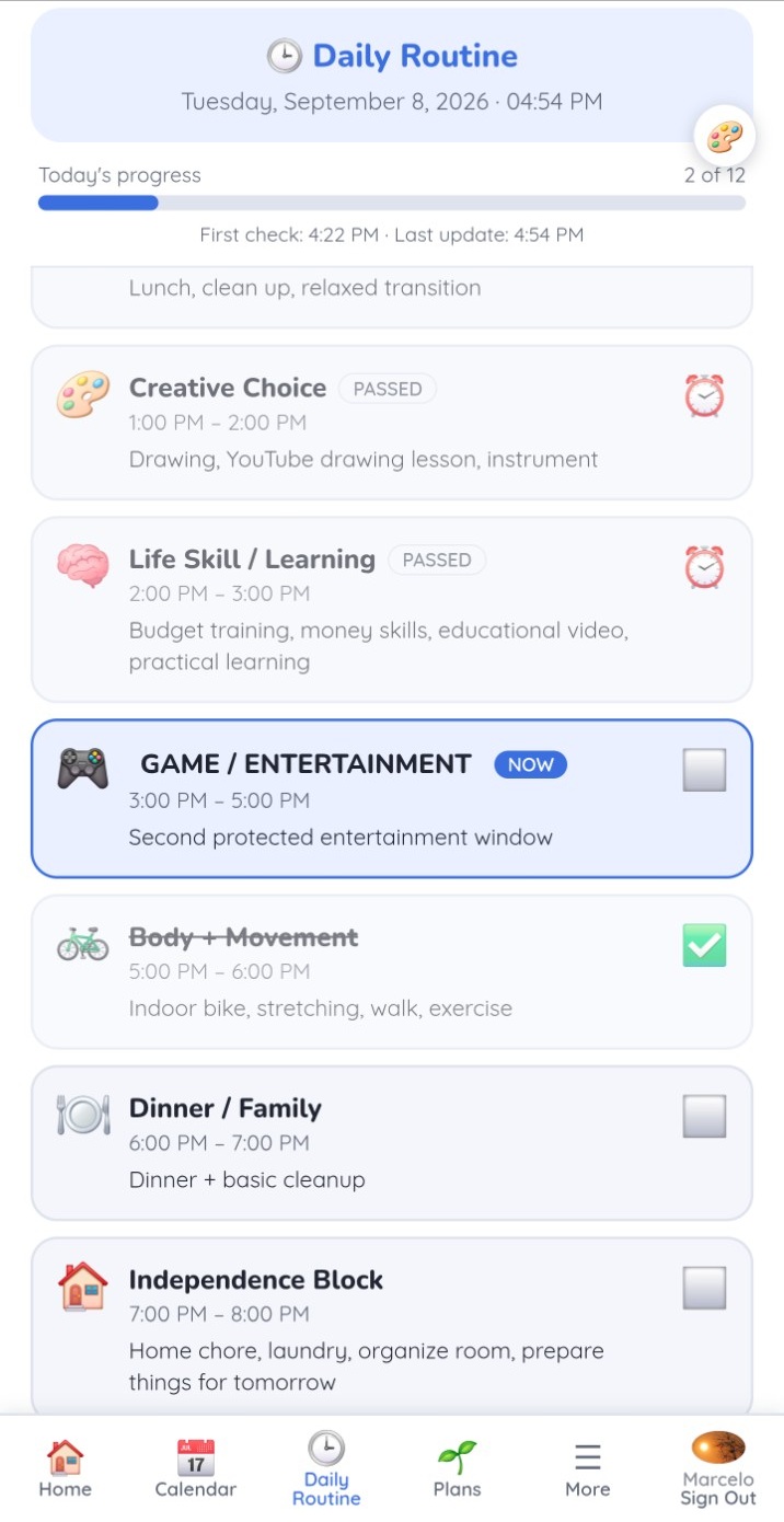 Daily Routine showing current activity, passed activities and daily progress