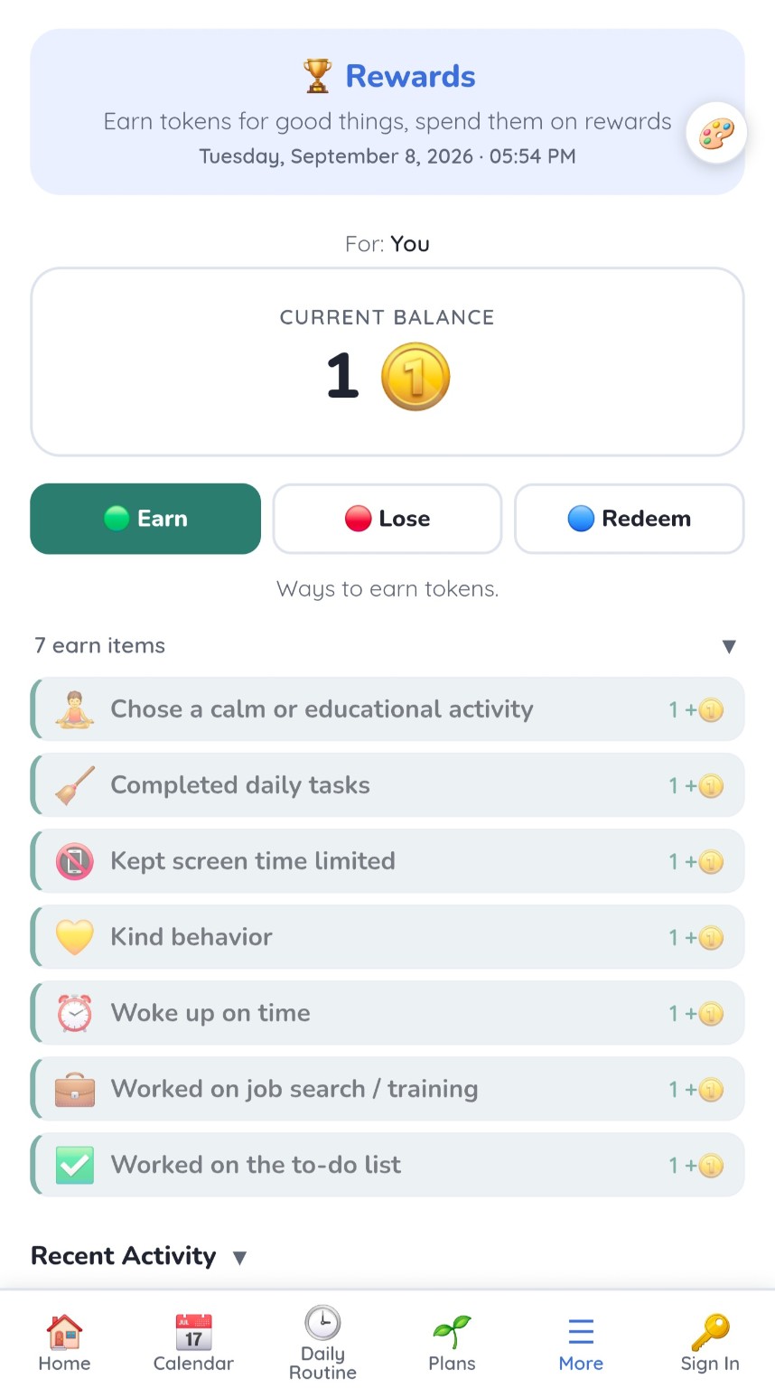 Rewards Earn screen with customizable ways to earn tokens