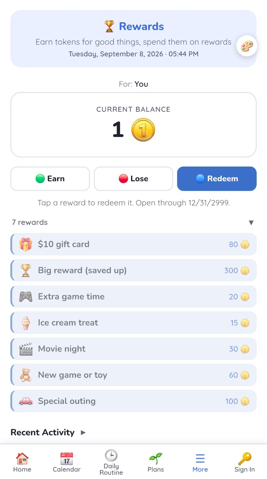 Rewards Redeem screen with token costs for configurable rewards