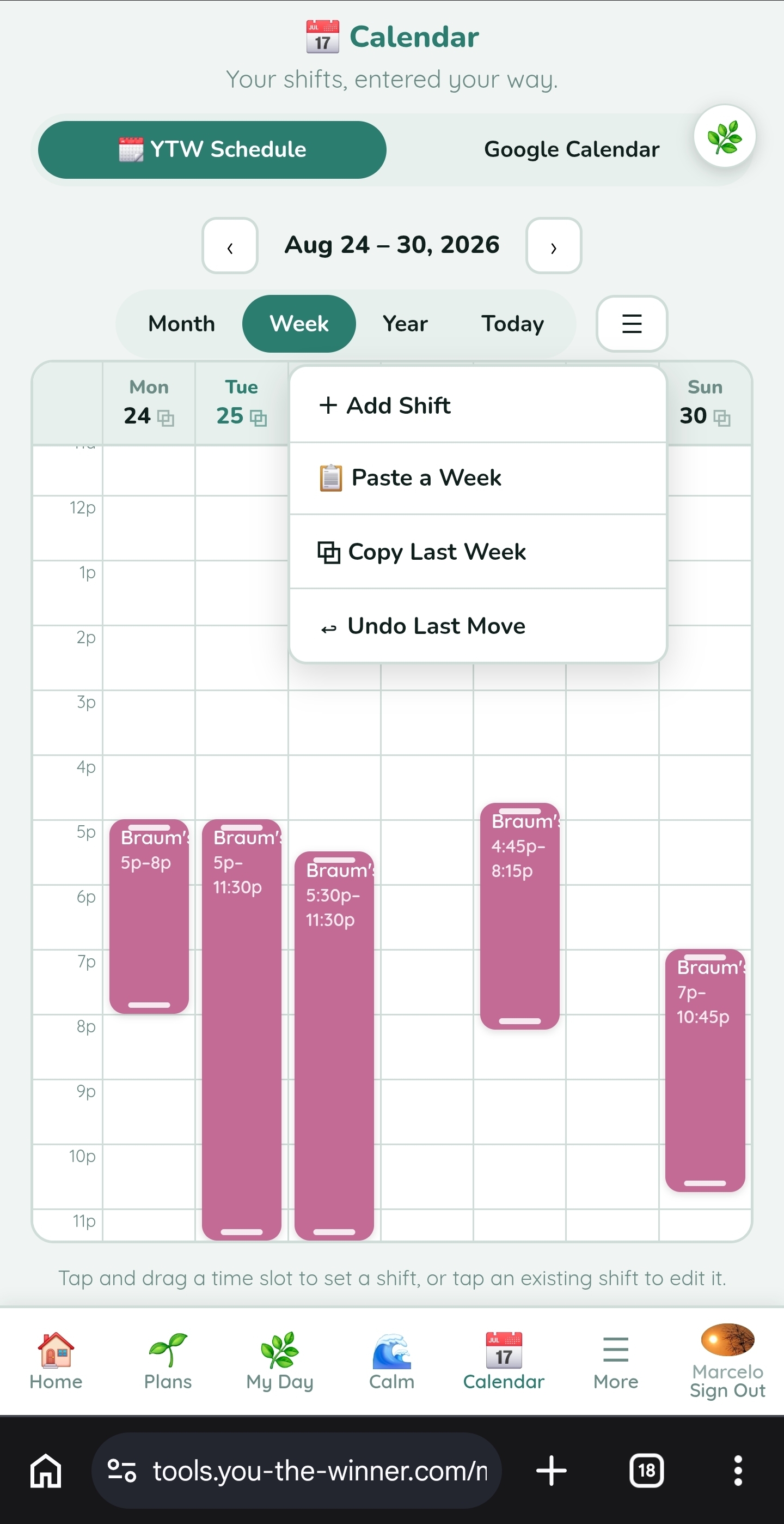 YTW Schedule quick actions