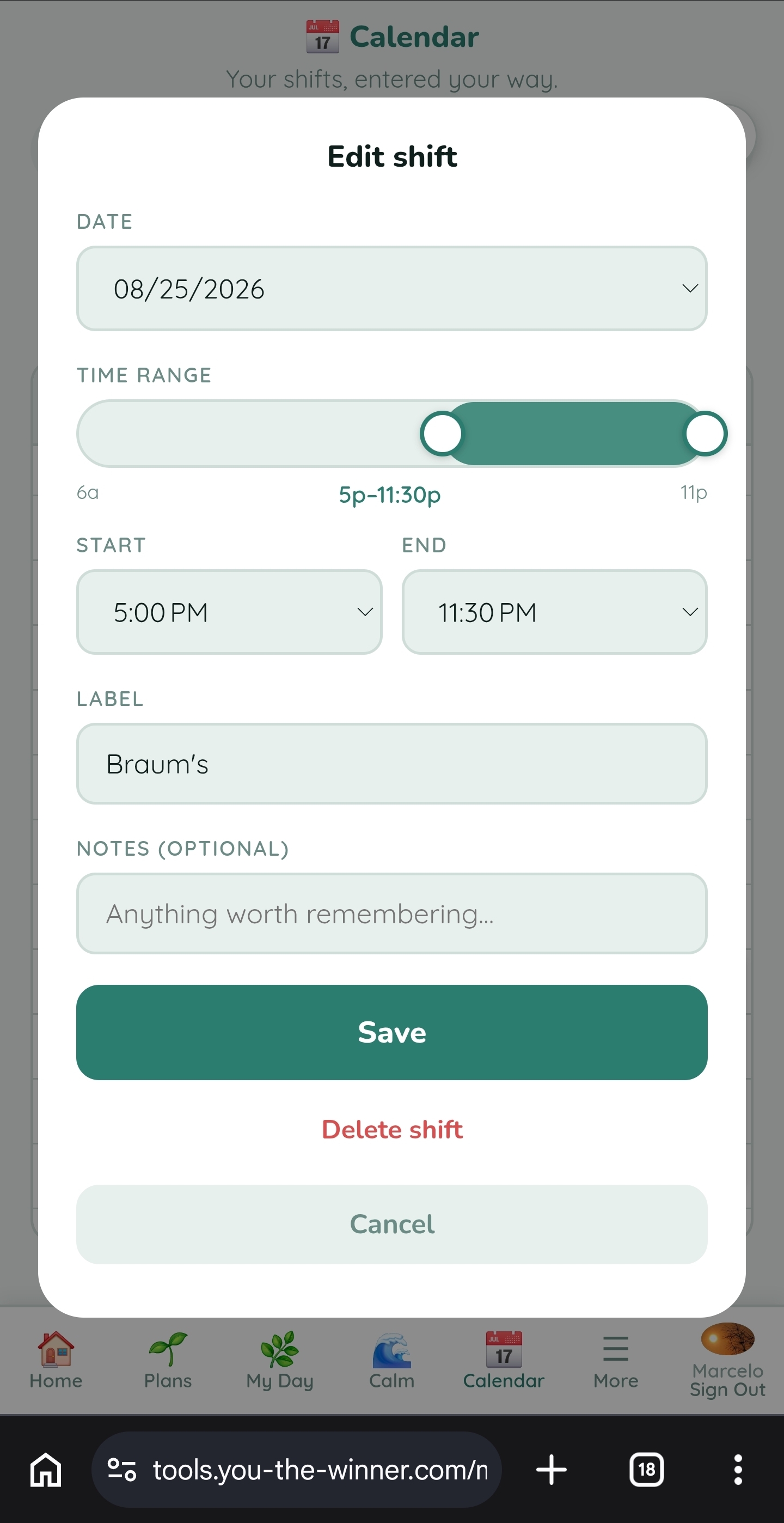 YTW Schedule edit screen