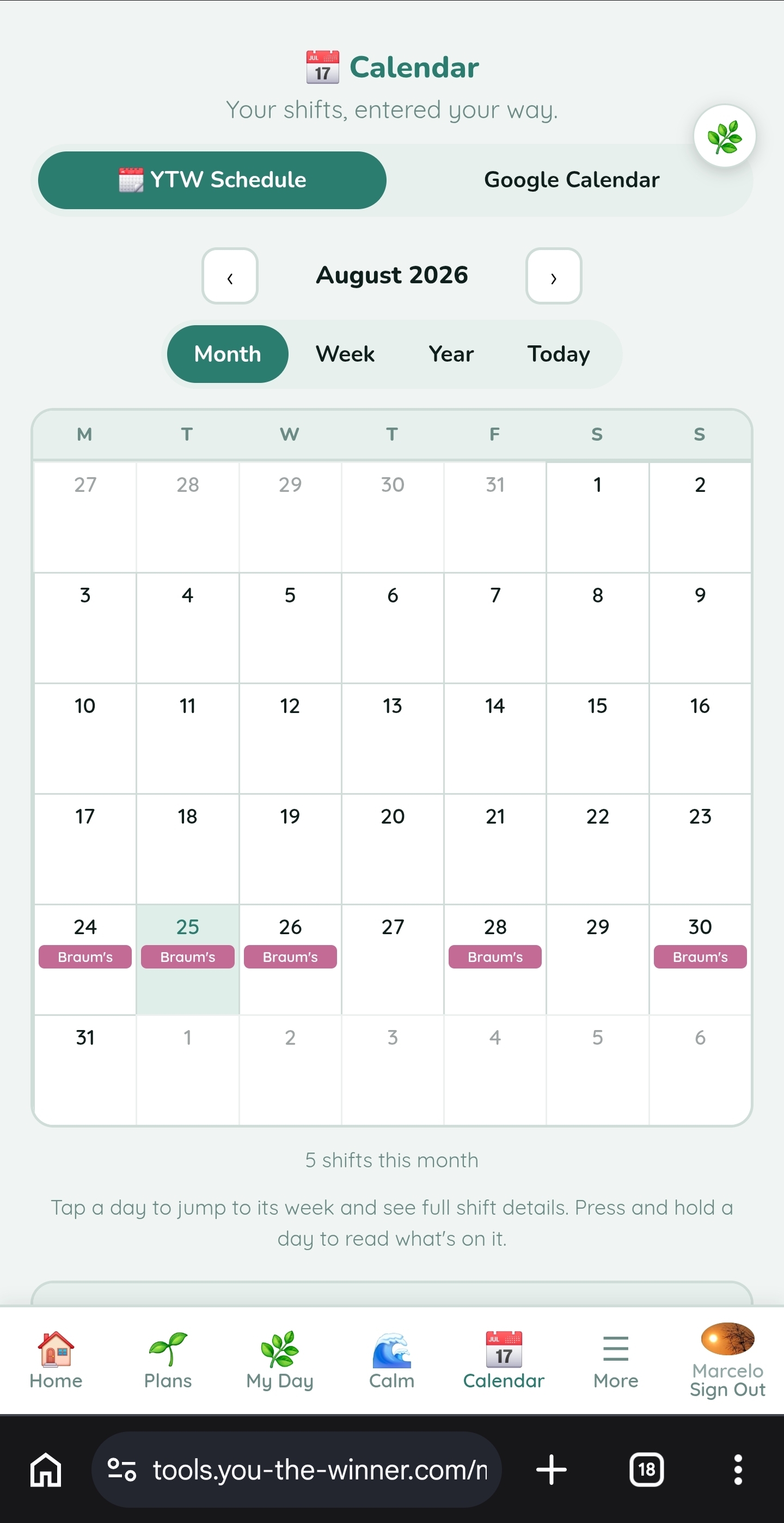 YTW Schedule weekly view